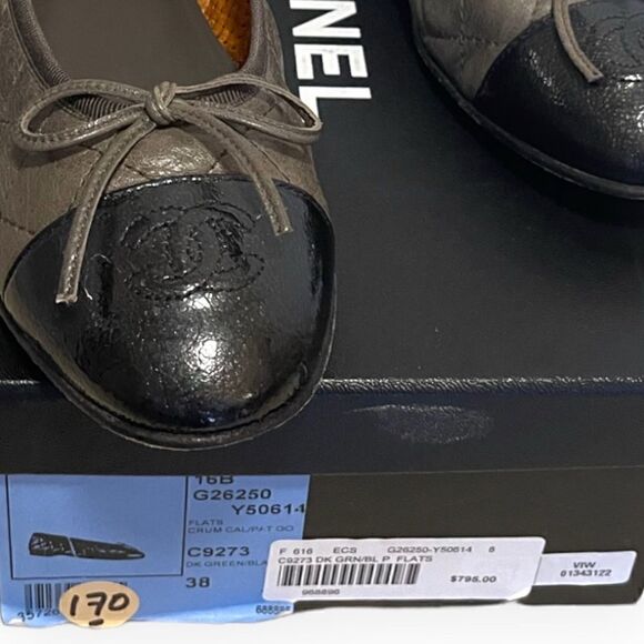 CHANEL Crumpled Calfskin/Patent Quilted CC Cap Toe Ballerina Flats |Size:38| - Picture 3 of 13